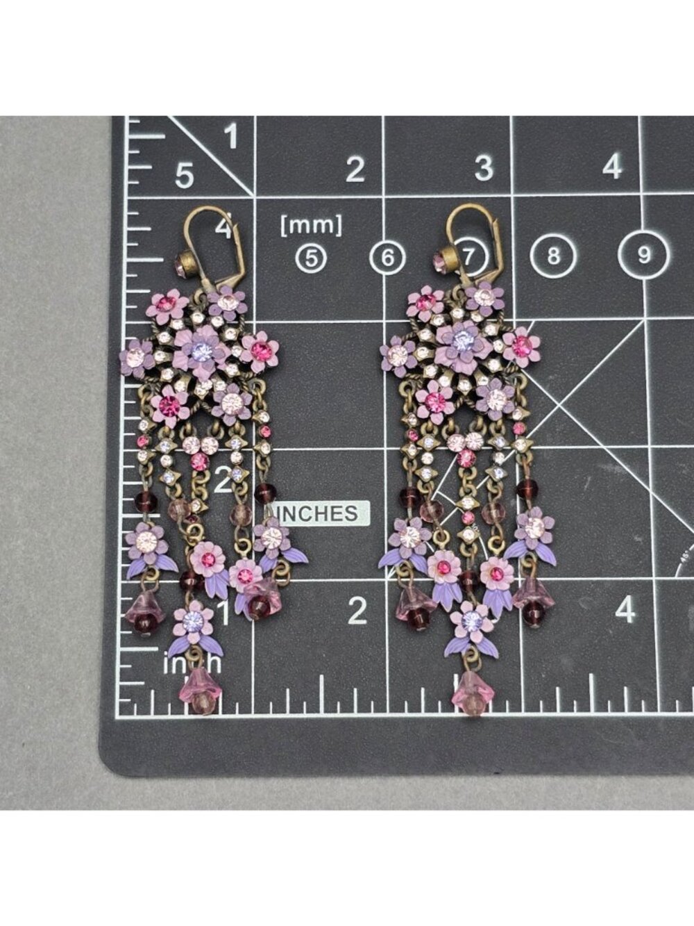 Vintage Michal Negrin Brass Dangle Earrings 4.75" Pastel Floral Crystal Drop - Picture 9 of 11